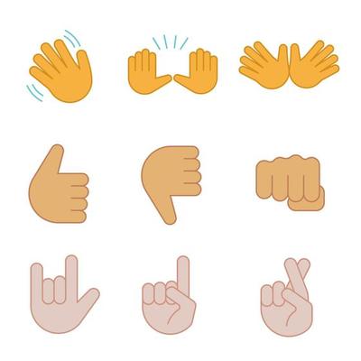 Hand gesture emojis color icons set. Waving, stop, jazz, thumbs up and down, fist, love you, luck, lie gesturing. Open hands, crossed fingers. Isolated vector illustrations