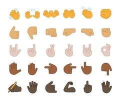 Hand gesture emojis color icons set. Pointing fingers, fists, palms. Social media, network emoticons. OK, hello, rock, like gesturing. Hand symbols. Isolated vector illustrations