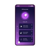 Pills, med reminder app smartphone interface vector template. Drugs list page screen purple design layout. Medication tracker mobile application. Flat gradient UI. Medical prescriptions phone display