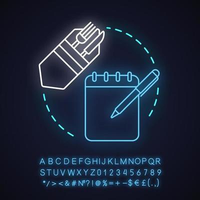 Dinner break neon light concept icon. Business lunch idea. Fork and knife in napkin, notebook with pen. Food ordering. Glowing sign with alphabet, numbers and symbols. Vector isolated illustration
