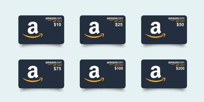 Amazon gift card set. Black realistic amazon gift card with shadow set 10, 25, 50, 75, 100, 200. Isolated plastic gift card on white background. vector