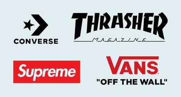 Fashion logo vector bundle, converse logo, thrasher logo, supreme logo, vans logo isolated on white background.