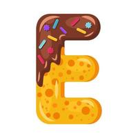 Donut cartoon E letter vector illustration. Biscuit bold font style. Glazed capital letter with icing. Tempting flat design typography. Cookies, chocolate alphabet. Pastry, bakery isolated clipart