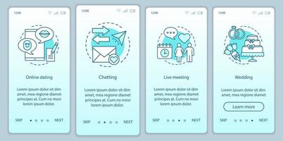 Online dating onboarding mobile app page screen vector template. Chatting, live meeting, wedding website instructions with linear illustrations. Matchmaking. UX, UI, GUI smartphone interface concept