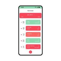 Reminder app smartphone interface vector template. Mobile calendar page white design layout. Events, dates, tasks manager screen. Scheduling application flat UI. Time management plan on phone display