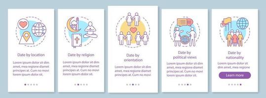 Niche dating app features onboarding mobile page screen vector template. Date by location, religion, orientation, political views, nationality linear illustrations. UX, UI, GUI smartphone interface