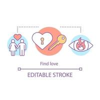 Find love concept icon. Online, internet dating idea thin line illustration. Romantic matchmaking. Couple, date search. Flame in eyes. Key from heart. Vector isolated outline drawing. Editable stroke
