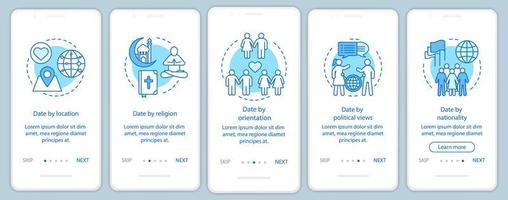 Plantilla de vector de pantalla de página de aplicación móvil de incorporación de citas en línea. fecha por ubicación, religión, orientación, nacionalidad, instrucciones del sitio web con ilustraciones lineales. interfaz de teléfono inteligente ux, ui, gui