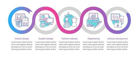 Design industry vector infographic template. Fashion, graphics, software development, interior design. Data visualization with five steps and option. Process timeline chart. Workflow layout with icons