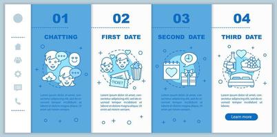 Online dating onboarding mobile web pages vector template. Responsive smartphone interface idea with linear illustrations. Romantic relationships webpage walkthrough step screens. Color concept
