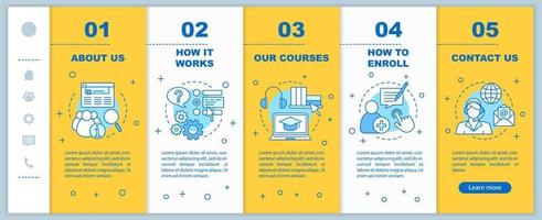Online courses onboarding mobile web pages vector template. E-learning service. Distance education. Responsive smartphone website interface. Webpage walkthrough step screens. Color concept