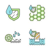 Waterproofing color icons set. Water resistant materials and surfaces. Hydrophobic technology. Waterproof membrane, flooring and phone. Liquid and rain protection. Isolated vector illustrations