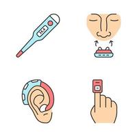 Medical devices color icons set. Thermometer, anti snoring nose clip, hearing amplifier, finger pulse oximeter. Temperature monitor, ear sound enhancer, glucose test. Isolated vector illustrations