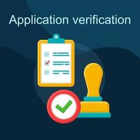 Application verification flat concept vector icon. Get approval idea cartoon color illustrations set. Successful job apply. Resume check. Verified, approved stamp. Isolated graphic design element