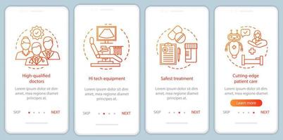 los beneficios del servicio médico incorporan la pantalla de la página de la aplicación móvil con conceptos lineales. médicos calificados, instrucciones gráficas de los pasos del recorrido del tratamiento. ux, ui, plantilla vectorial gui con ilustraciones vector