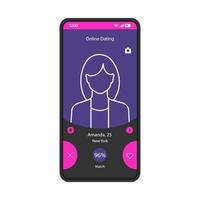 Online dating app smartphone interface vector template. Mobile page blue design layout. Matchmaker, love calculator. Womans profile screen. Date, match app. Flat UI for application. Phone display