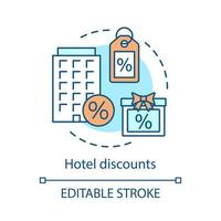 Hotel discounts concept icon. Hostel, dormitory. Last minute hotel deal. Special offer. Low price, cheap room idea thin line illustration. Vector isolated outline drawing. Editable stroke