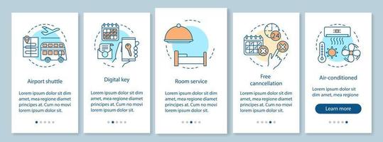 Servicios del hotel que incorporan la pantalla de la página de la aplicación móvil con conceptos lineales. reserva de apartamento. servicio de enlace con el aeropuerto, instrucciones gráficas del recorrido de la llave digital. ux, ui, plantilla vectorial gui con ilustraciones vector