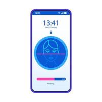 Face recognition app smartphone interface vector template. Mobile page blue design layout. Facial ID scanner screen. Identity verification. Flat UI for application. Biometric security. Phone display