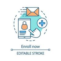 Enroll now concept icon. Online student enrollment. User account creation. Sign up, login, authorization. Profile page. Idea thin line illustration. Vector isolated outline drawing. Editable stroke