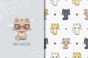 Cute cat in glasses illustration for kids, cars and seamless pattern