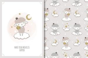 Little sheep with stars card and seamless pattern vector