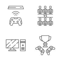 Esports linear icons set. Gaming equipment and hardware. Winner cup. Round-robin tournament. Teamwork. Thin line contour symbols. Isolated vector outline illustrations. Editable stroke