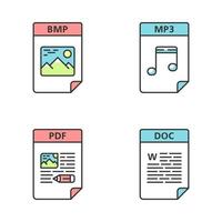 conjunto de iconos de color de formato de archivos. imagen, archivos de audio, documentos de texto. bmp, mp3, pdf, doc. ilustraciones de vectores aislados