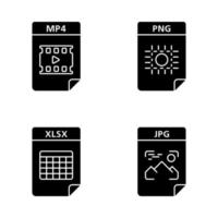 Files format glyph icons set. Multimedia, image, spreadsheet files. MP4, PNG, XLSX, JPG. Thin line contour symbols. Isolated vector outline illustrations. Editable stroke