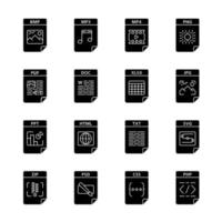 Files format glyph icons set. Multimedia, text, image, web digital files. BMP, MP3, MP4, PNG, PDF, DOC, XLSX, JPG, PPT, HTML, TXT, SVG, ZIP, PHP, CSS. Silhouette symbols. Vector isolated illustration