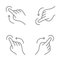 Touchscreen gestures linear icons set. Flick left, flick right gesturing. Flick up and flick down, touch gesture. Thin line contour symbols. Isolated vector outline illustrations. Editable stroke