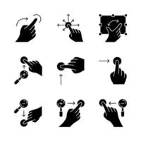 Touchscreen gestures glyph icons set. Vertical scroll up, horizontal scroll right. Zoom in vertical, zoom out horizontal. Drag finger all directions. Silhouette symbols. Vector isolated illustration