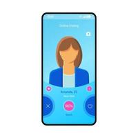 Online dating app smartphone interface vector template. Mobile page blue design layout. Matchmaker, love calculator. Womans profile screen. Date, match app. Flat UI for application. Phone display