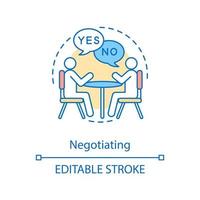 Negotiation concept icon. Agreement reaching. Professional communication. Bargaining. Dialog. Job interview. Discussion idea thin line illustration. Vector isolated outline drawing. Editable stroke