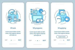 software de realidad virtual que incorpora la pantalla de la página de la aplicación móvil con conceptos lineales. herramientas vr, software, instrucciones gráficas de los pasos del tutorial de la aplicación. ux, ui, plantilla vectorial gui con ilustraciones vector