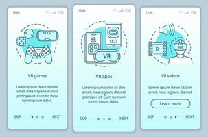 Virtual reality programs onboarding mobile app page screen with linear concepts. VR entertainment. VR games, apps, videos walkthrough steps graphic instructions. UX, UI, GUI vector template with icons