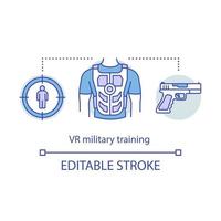 VR military training concept icon. Battlefield simulations. Virtual reality equipment. VR soldier practice. Flight simulator idea thin line icons. Vector isolated outline drawing. Editable stroke