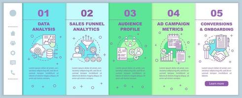 Cursos smm que incorporan la plantilla vectorial de páginas web móviles. analista de la red. márketing. opciones de segmentación de anuncios. idea de interfaz de sitio web de teléfono inteligente sensible. pantallas de pasos del tutorial de la página web. concepto de color vector