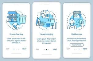 House service onboarding mobile app page screen, linear concepts. House cleanup planning. Three, walkthrough steps graphic instructions. Maid service. UX, UI, GUI vector template with illustrations