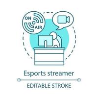 Esports streamer concept icon. Cyber sport commentator at work. Watching video stream. Blogger broadcasting idea thin line illustration. Vector isolated outline drawing. Editable stroke