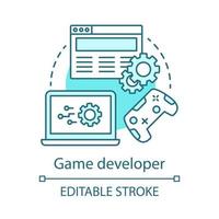 Game developer concept icon. Search, install, configure game. Programmer work. Gaming software programming, testing idea thin line illustration. Vector isolated outline drawing. Editable stroke