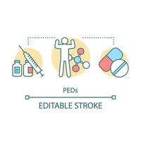 PEDs concept icon. Performance-enhancing substances. Drugs to improve athlete activity. Doping for sportsman, bodybuilder idea thin line illustration. Vector isolated outline drawing. Editable stroke