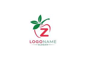 logotipo de letra z pequeña en manzana fresca con hojas verdes, logotipo de letra z y forma de vector de manzana de fruta natural
