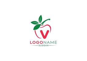 Small Letter v logo in fresh apple with green leaves, letter v logo and natural fruit apple vector shape