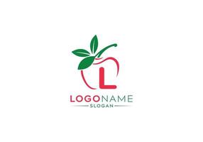 Small Letter L logo in fresh apple with green leaves, letter L logo and natural fruit apple vector shape