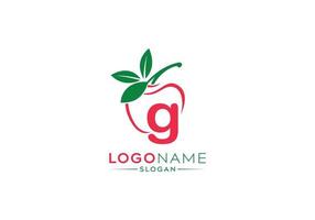 logotipo de letra g pequeña en manzana fresca con hojas verdes, logotipo de letra g y forma de vector de manzana de fruta natural