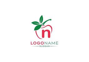 Small Letter n logo in fresh apple with green leaves, letter n logo and natural fruit apple vector shape