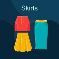 Skirts flat concept vector icon. Womens fashion idea cartoon color illustrations set. Straight, pencil, mini-skirt. Casual style outfit. Shopping. Clothing store. Isolated graphic design element