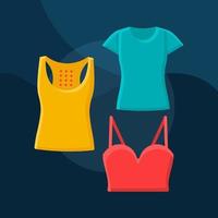 Blouses flat concept vector icon. Womens fashion idea cartoon color illustrations set. T-shirt, sleeveless shirt, crop top. Casual style. Summer clothes. Sport outfit. Isolated graphic design element