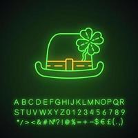 Bowler hat with four-leaf clover neon light icon. Leprechaun hat with shamrock. Saint Patrick Day. Glowing sign with alphabet, numbers and symbols. Vector isolated illustration